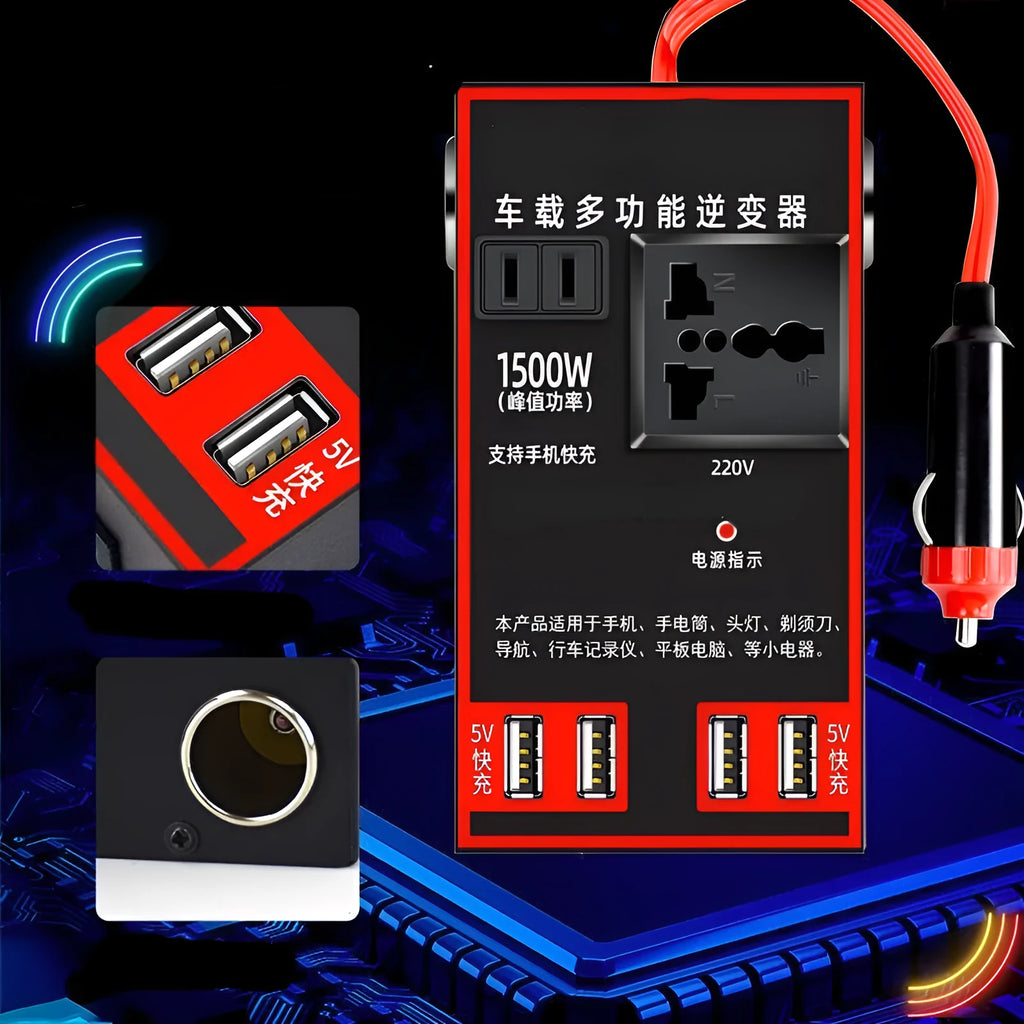 Black automotive power converter for 12V and 24V vehicle systems converting to 220V AC with USB charging ports