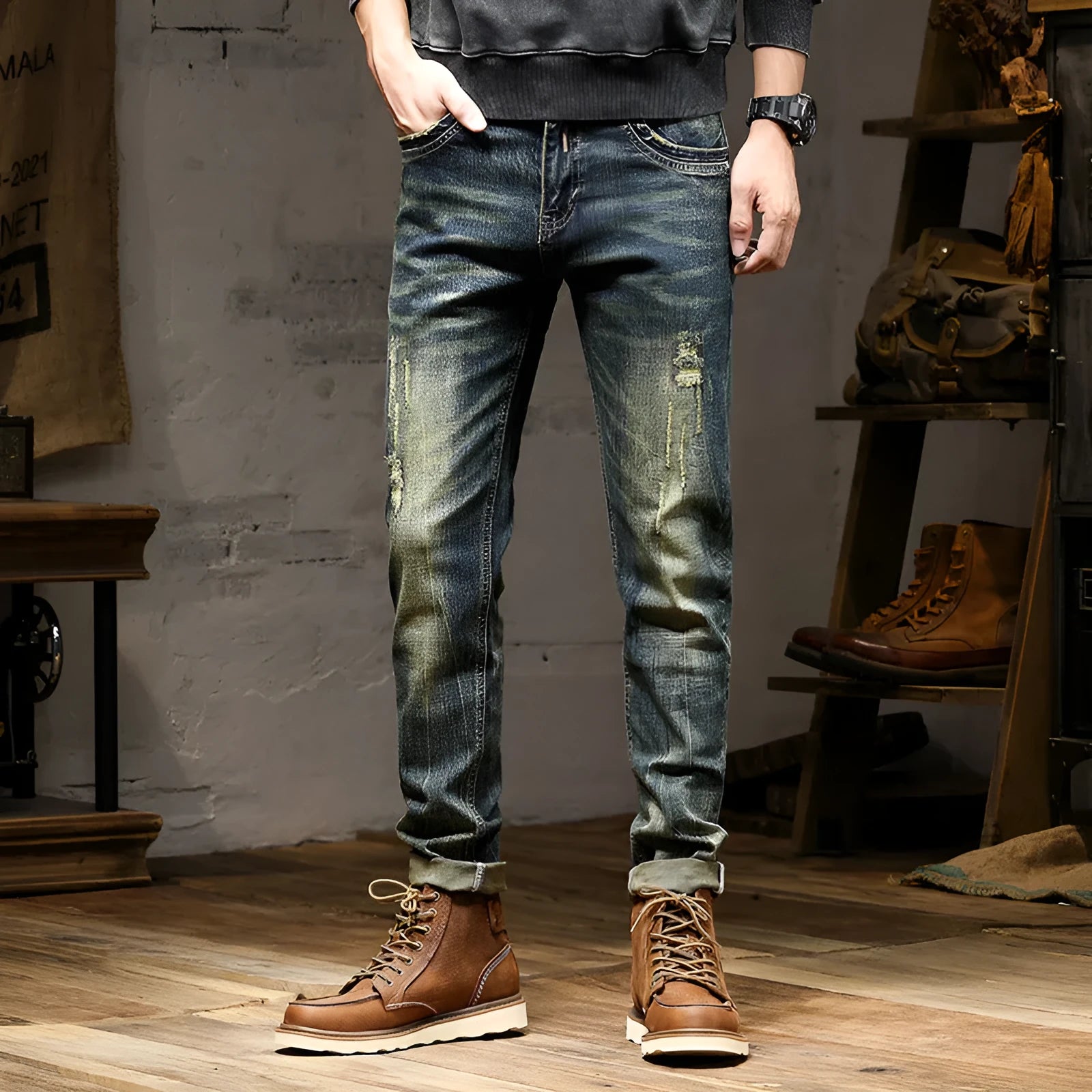 Men's skinny fit jeans in a retro blue wash with a zip fly, shown laid flat.