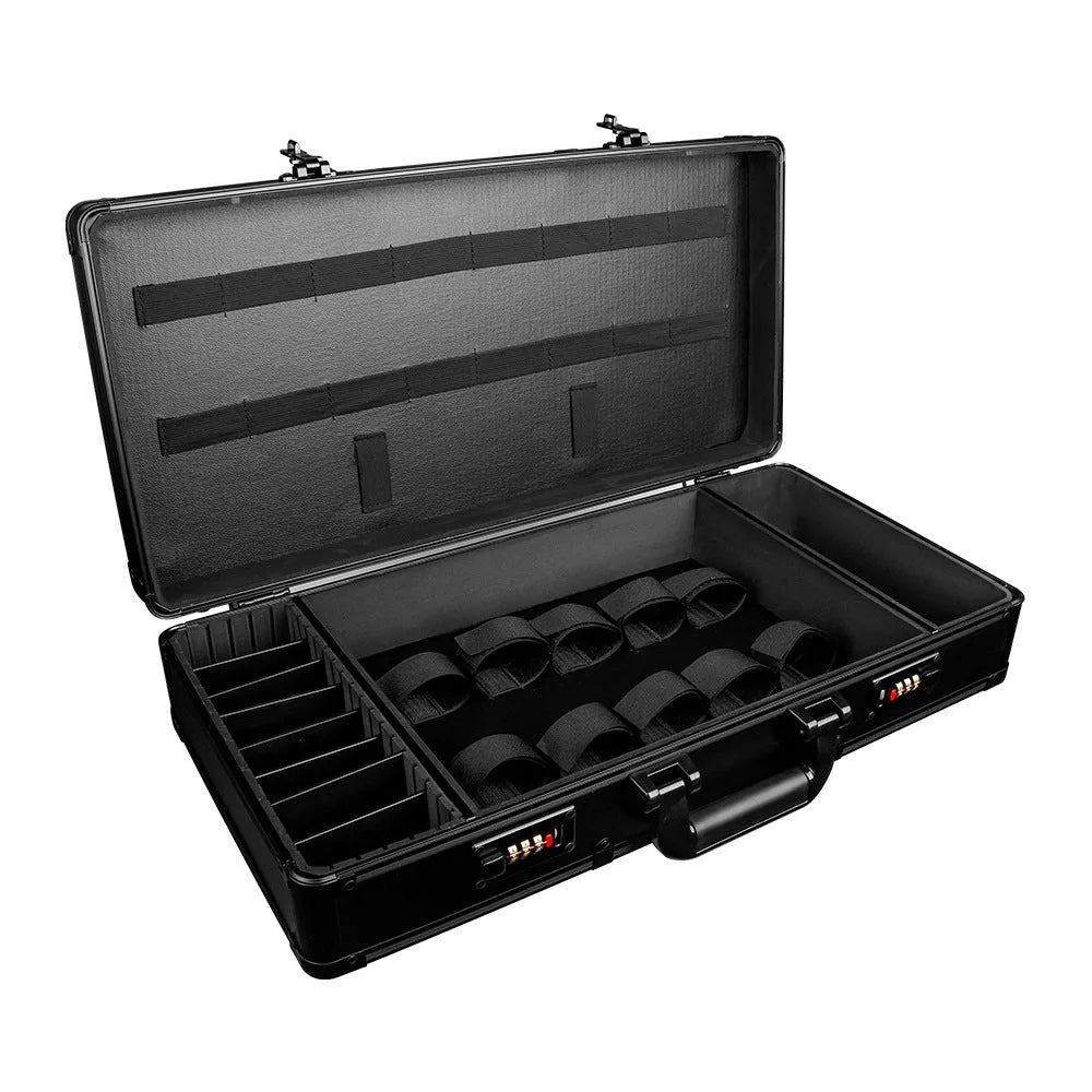 Black PVC hair tools storage suitcase with password lock and metal reinforced corners