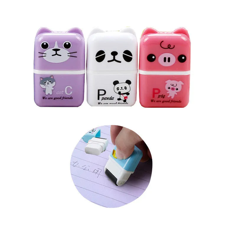 Pack of six cute cartoon animal erasers in mixed colours on a light background