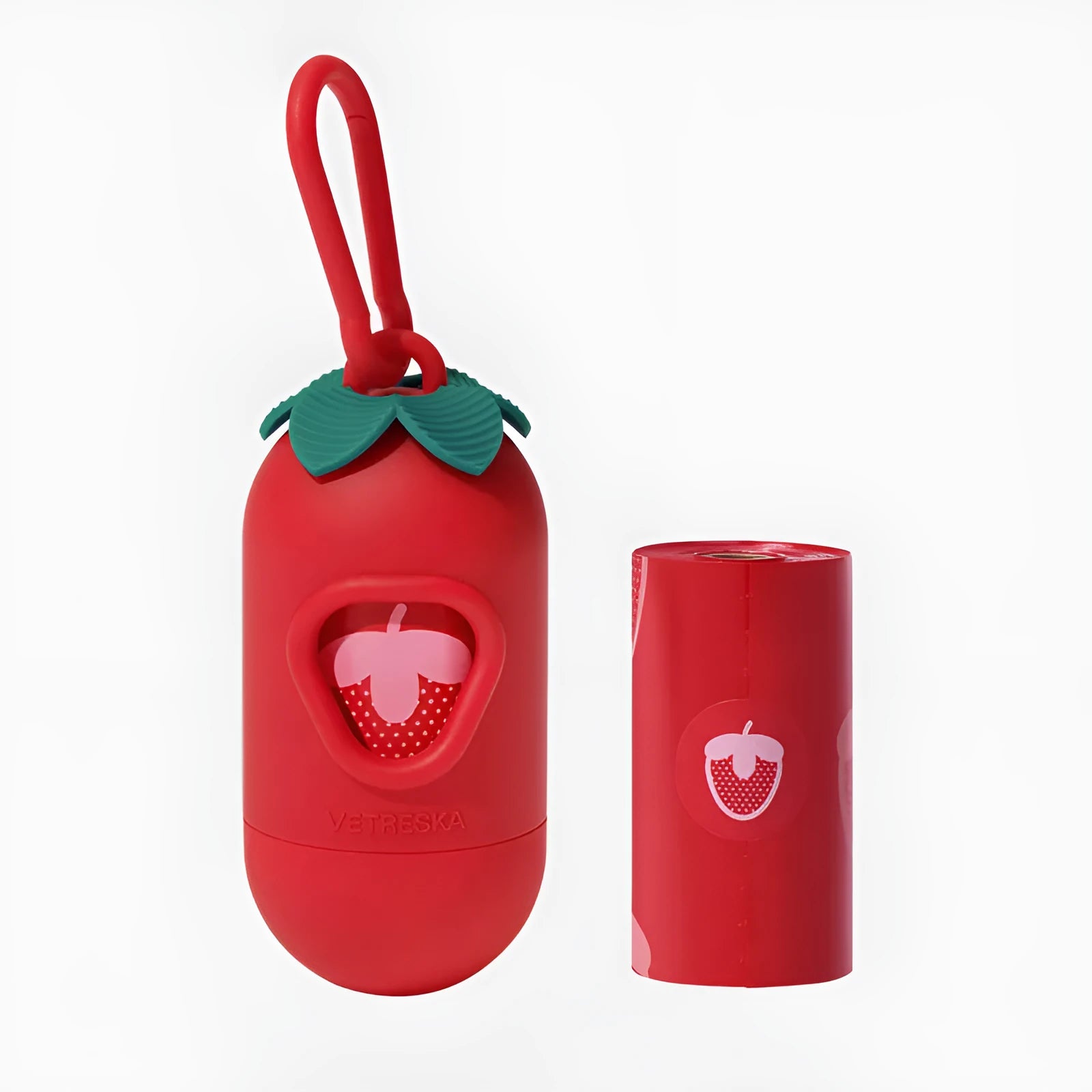 Colourful dog poo bag dispenser capsule with a roll of scented, biodegradable waste bags for dog walks