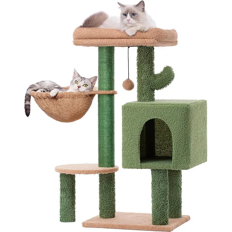 Cactus green wooden cat climbing frame with integrated shelf jumping platform measuring 43x33x87cm