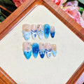 Blue hand-painted carved summer ice transparent fake nails set with four size options