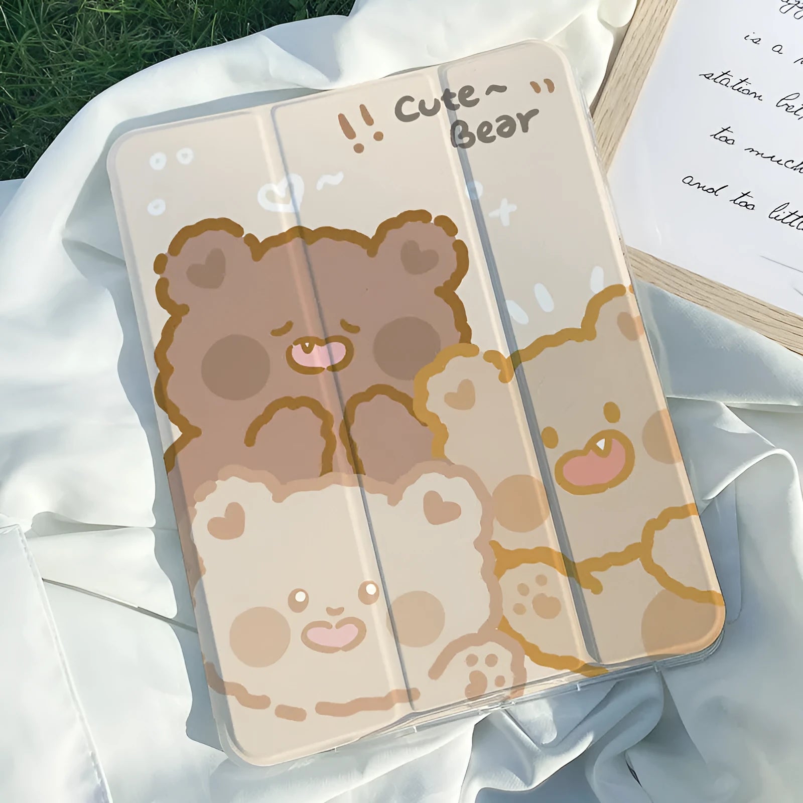 Silicone tri-fold protective case for iPad with cartoon rabbit design, showing front cover folded back.