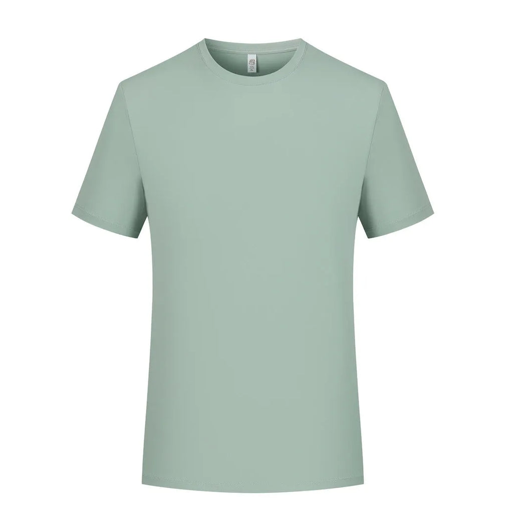 Mercerised modal short sleeve T-shirt in grey green colour on a hanger, showing round neck and plain weave fabric.