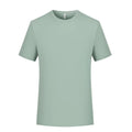 Mercerised modal short sleeve T-shirt in grey green colour on a hanger, showing round neck and plain weave fabric.