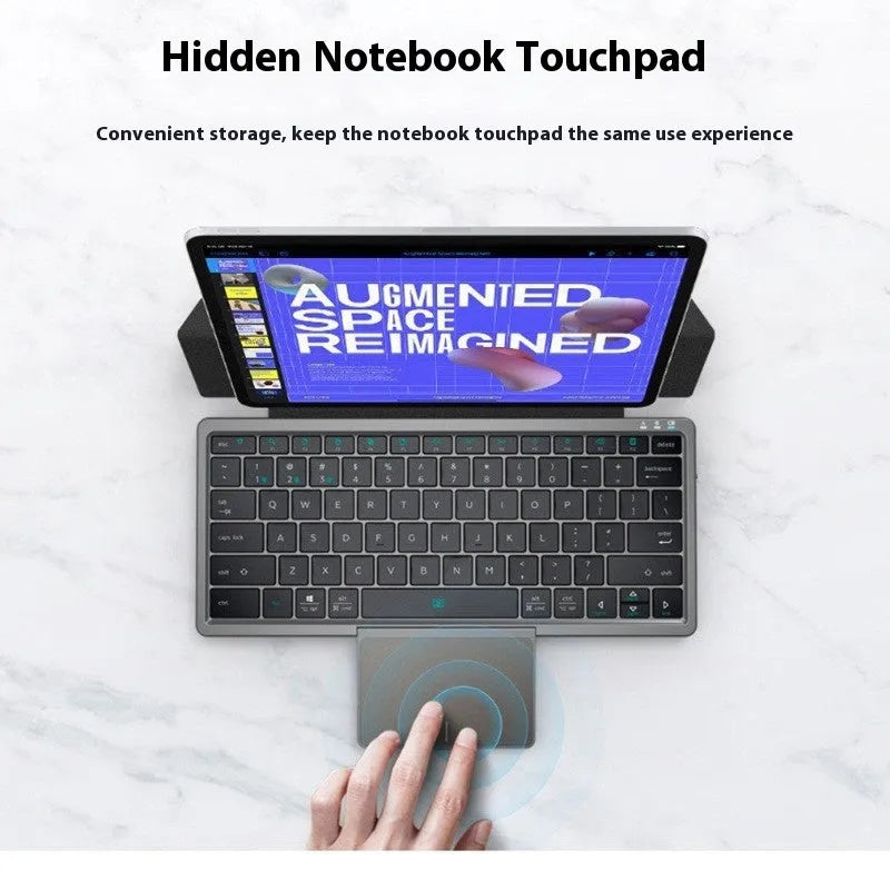 Black and grey wireless Bluetooth keyboard with touch pad inside a leather sheath stand