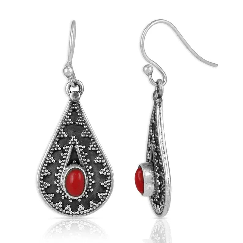 Silver water drop earrings with red pine gemstone on zinc alloy backing