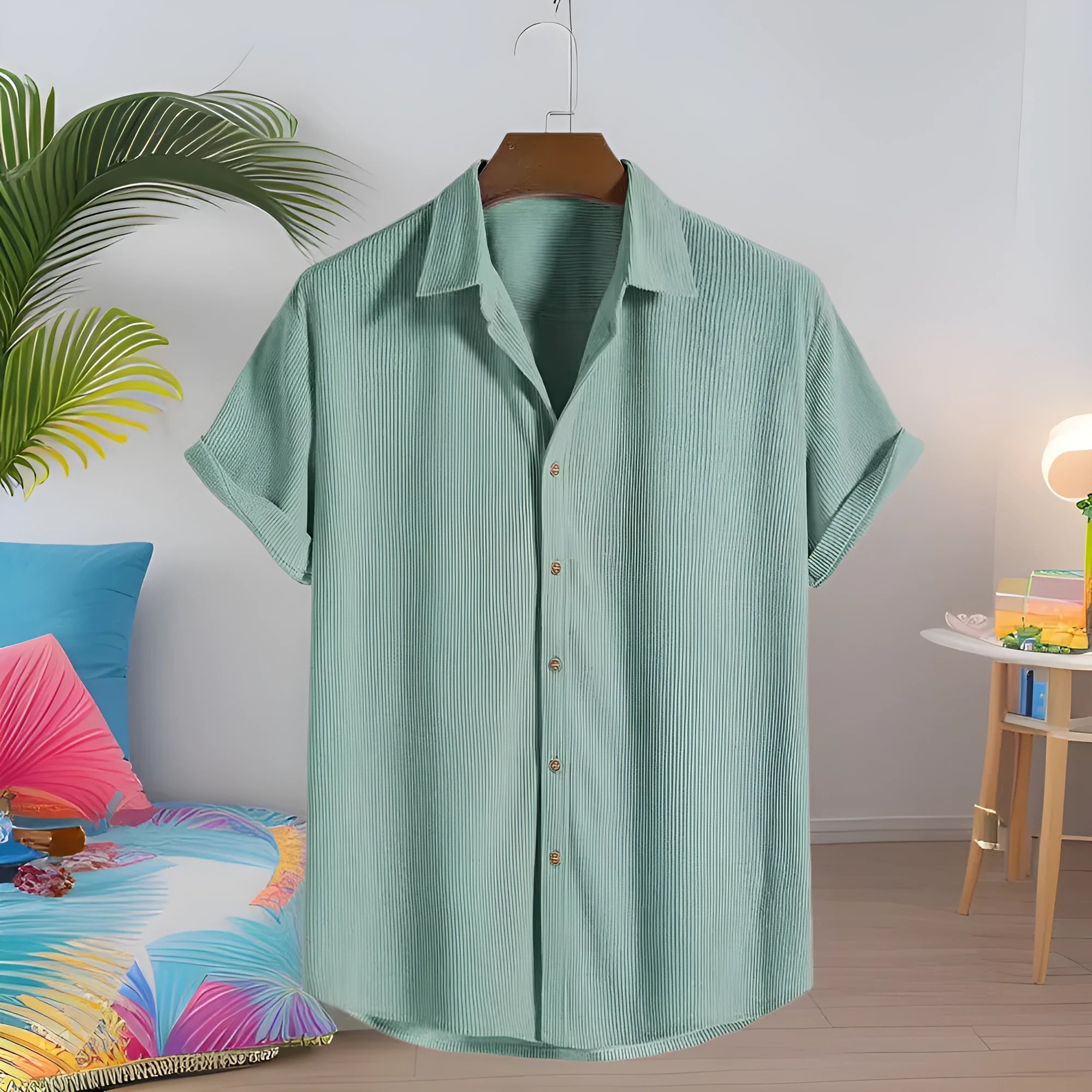 Casual short-sleeved men's cardigan-style shirt in polyester, shown in available colours.