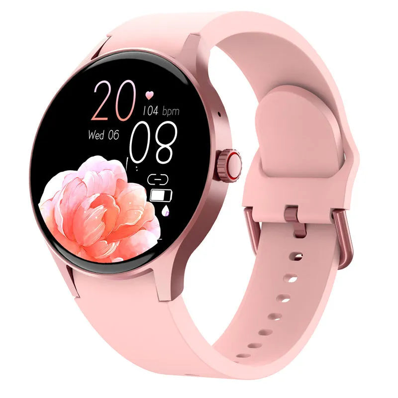 Black Bluetooth sport watch with 1.43-inch round screen on a wrist, showing a fitness app display.