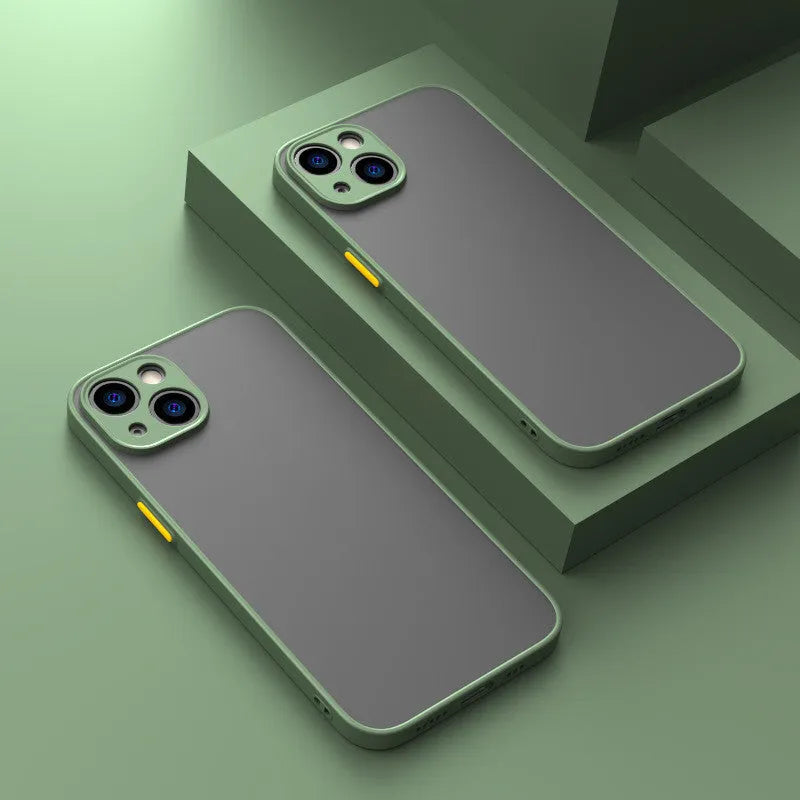 Frosted hard plastic iPhone case with TPU bumper in dark night green, showing full lens cutouts.