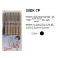 Pack of 7 Sakura Pigma Micron needle sketch pens with assorted nib sizes 0.2mm to 0.5mm on white background