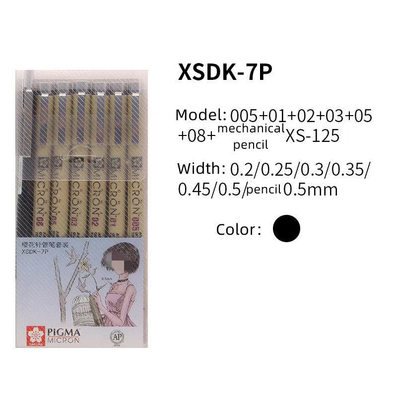 Pack of 7 Sakura Pigma Micron needle sketch pens with assorted nib sizes 0.2mm to 0.5mm on white background
