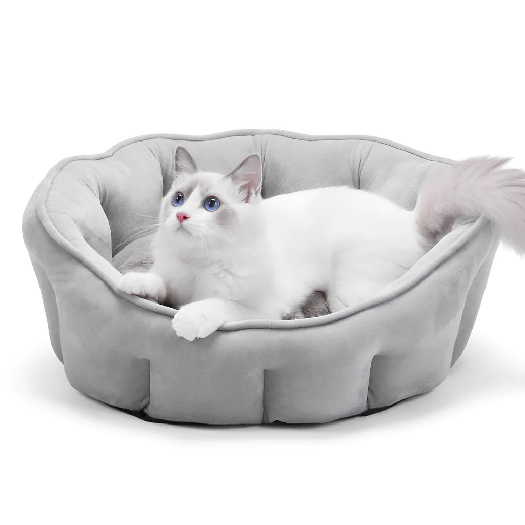 Grey plush cat kennel mat with integrated hammock and raised house structure