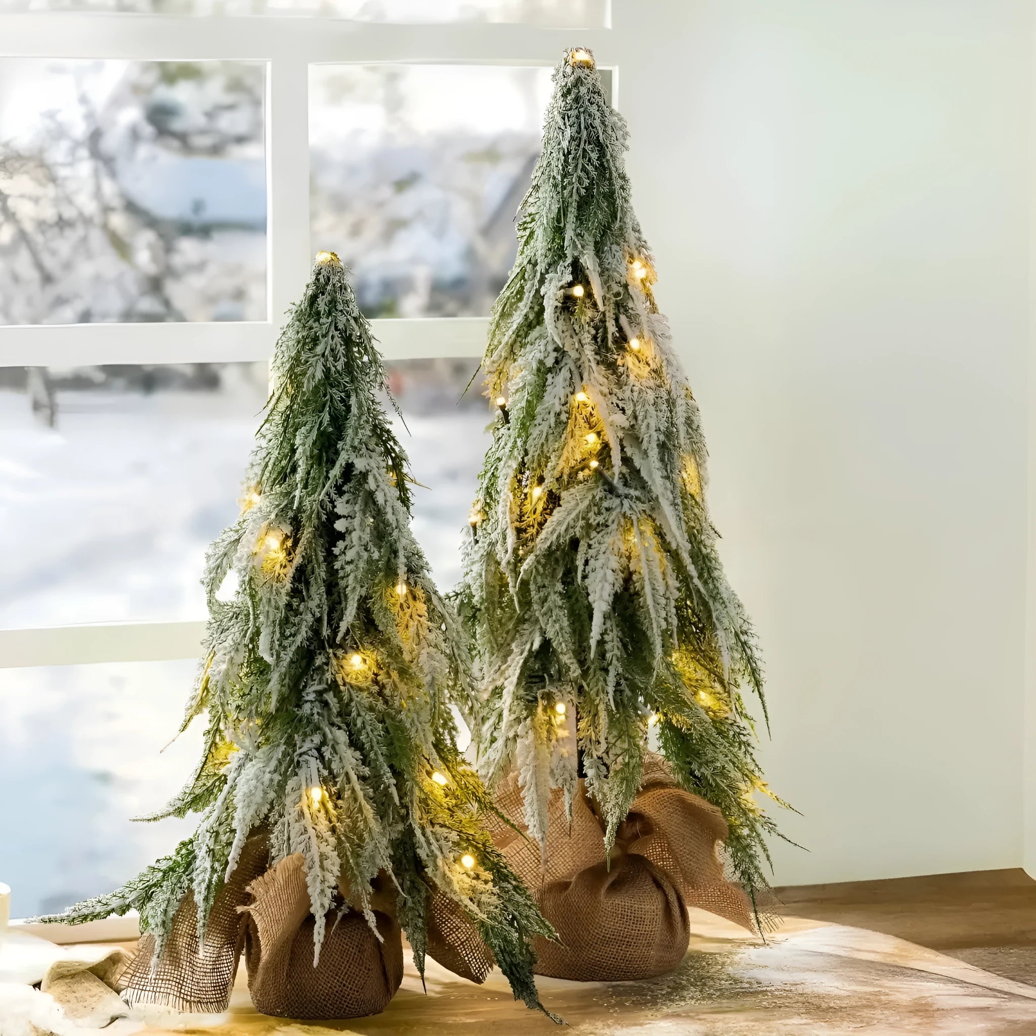 24 inch desktop Christmas tree with battery-operated snow sprayer lights and ornaments