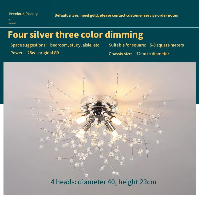 Dandelion pattern crystal ceiling lamp with wrought iron frame and chrome finish