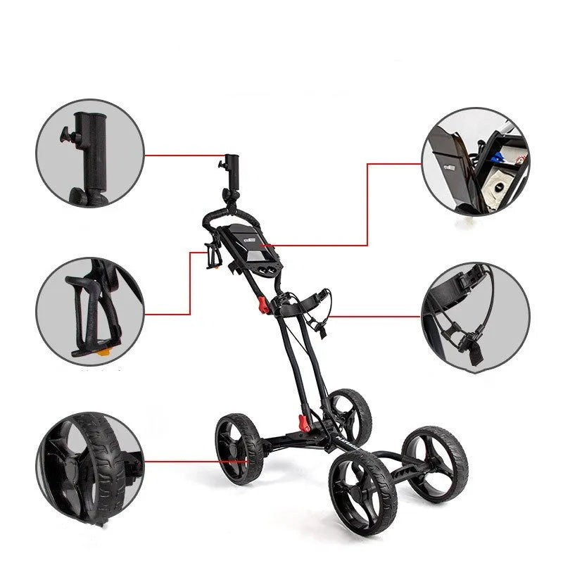 Four-wheel foldable aluminium alloy golf trolley with umbrella rack in black expanded view