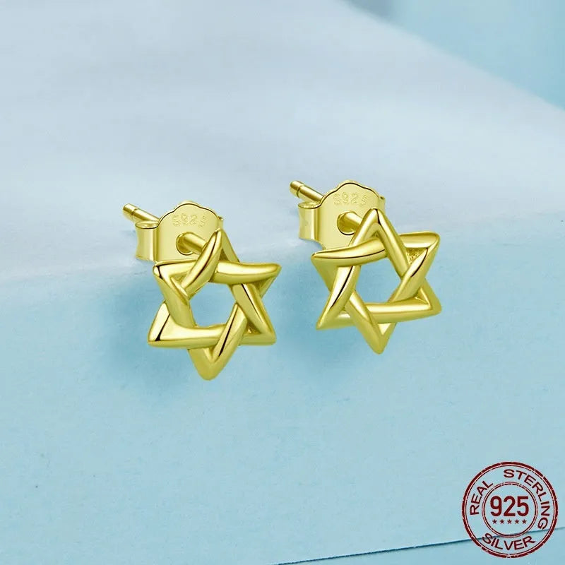 Pair of S925 sterling silver six-pointed star stud earrings on a flat surface, silver colour, 1 cm diameter