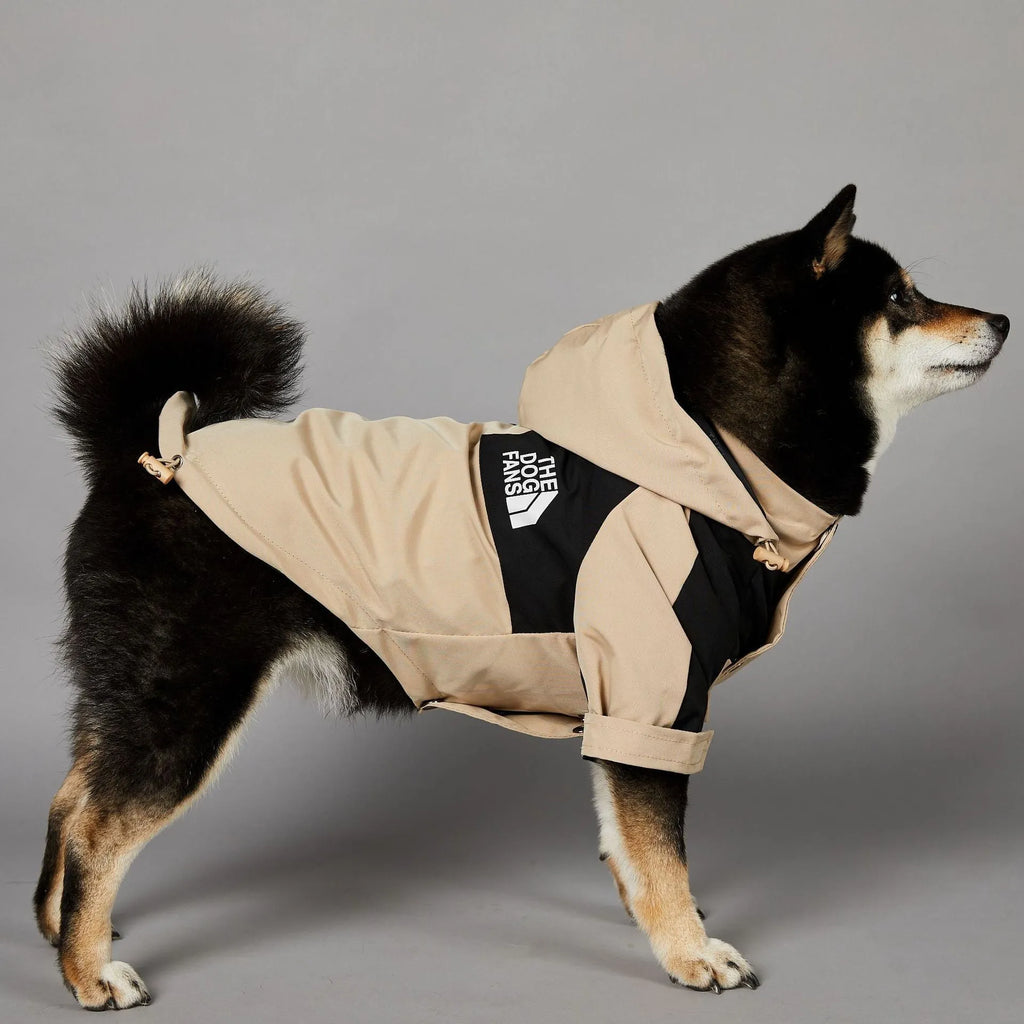 Khaki polyester dog shell jacket shown on canine model, available in sizes S through 5XL