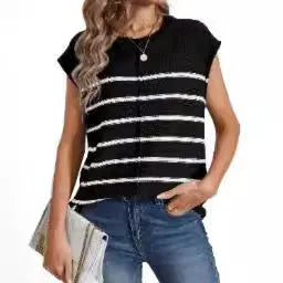 A woman's striped sleeveless V-neck pullover vest on a hanger, showing seam bone stitch detail.