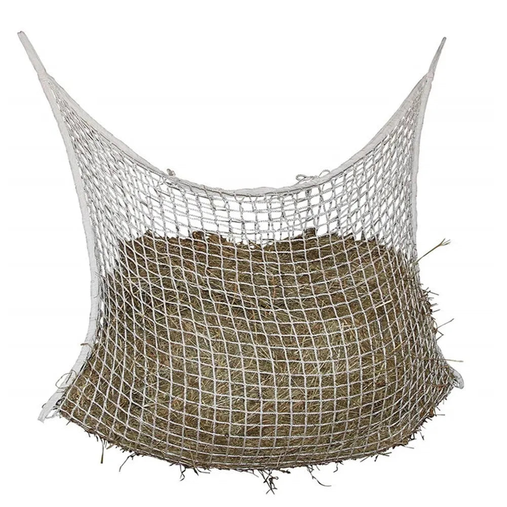 Woven PE rope grid pattern hanging feeding bag for livestock in multiple sizes