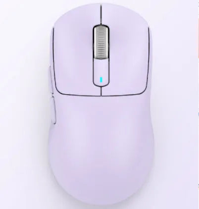 Black three-mode rechargeable Bluetooth mouse with USB receiver and parachute cord on a desk.