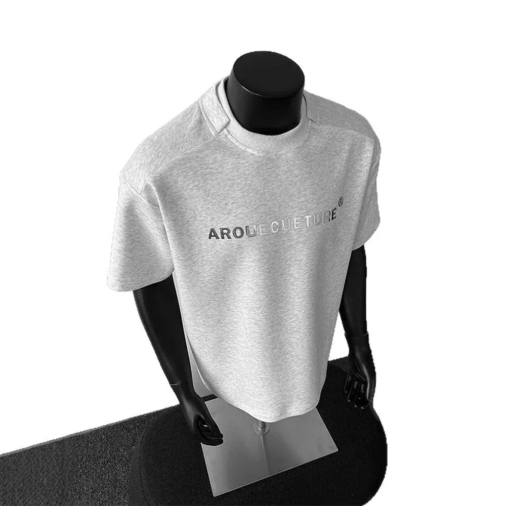 Men's loose-fit cotton short sleeve pullover shirt with letter print in black, white, or light grey