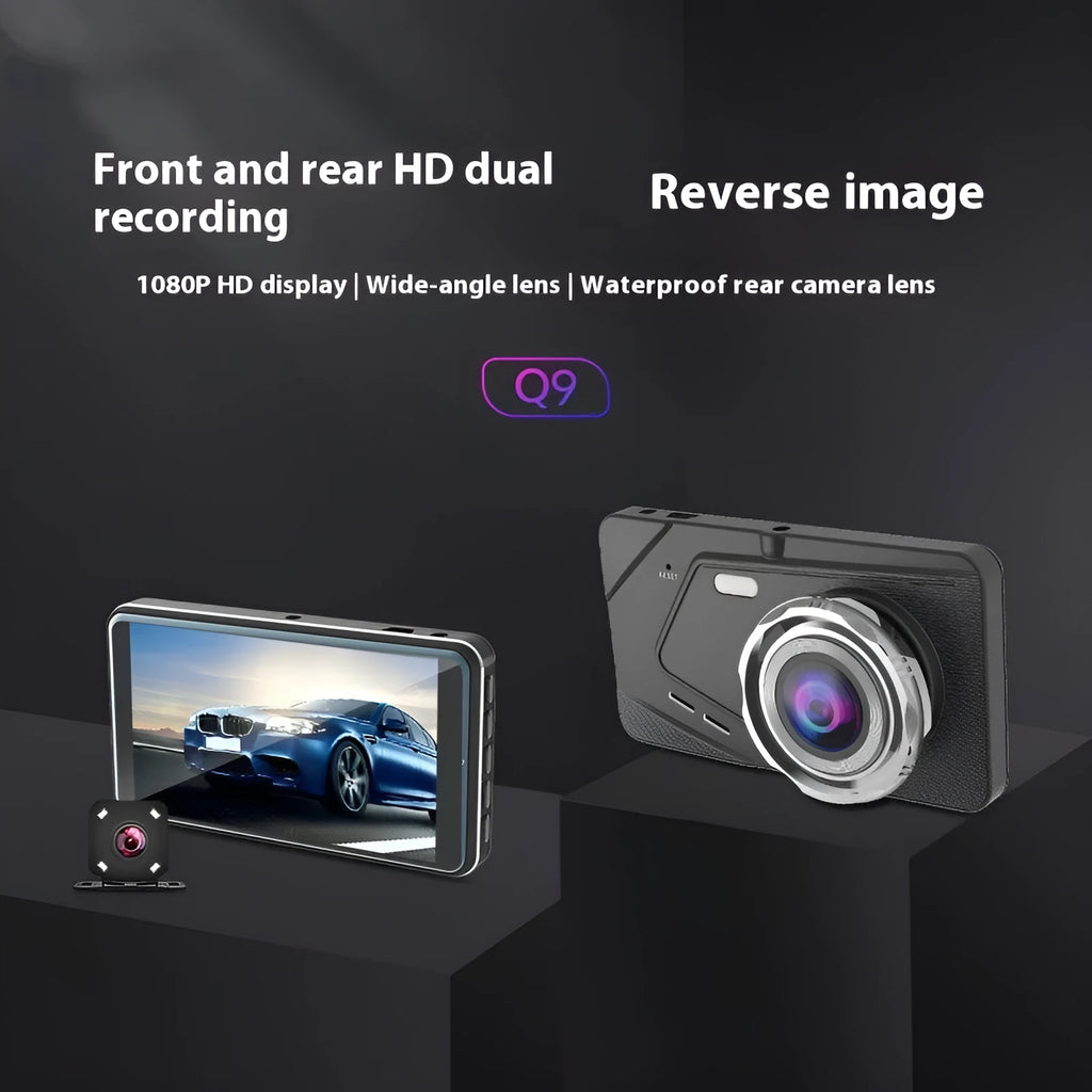 4-inch black exterior dashcam with dual lens and 170° wide angle on car dashboard