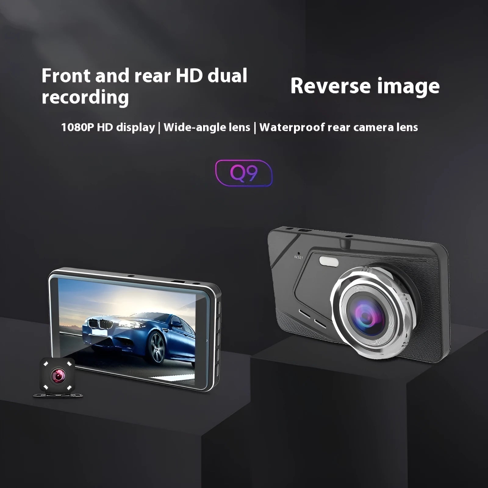 4-inch black exterior dashcam with dual lens and 170° wide angle on car dashboard