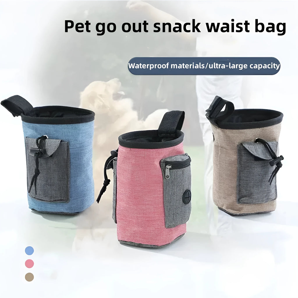 Portable pet training waist bag in blue with adjustable elastic design and waste bag pocket