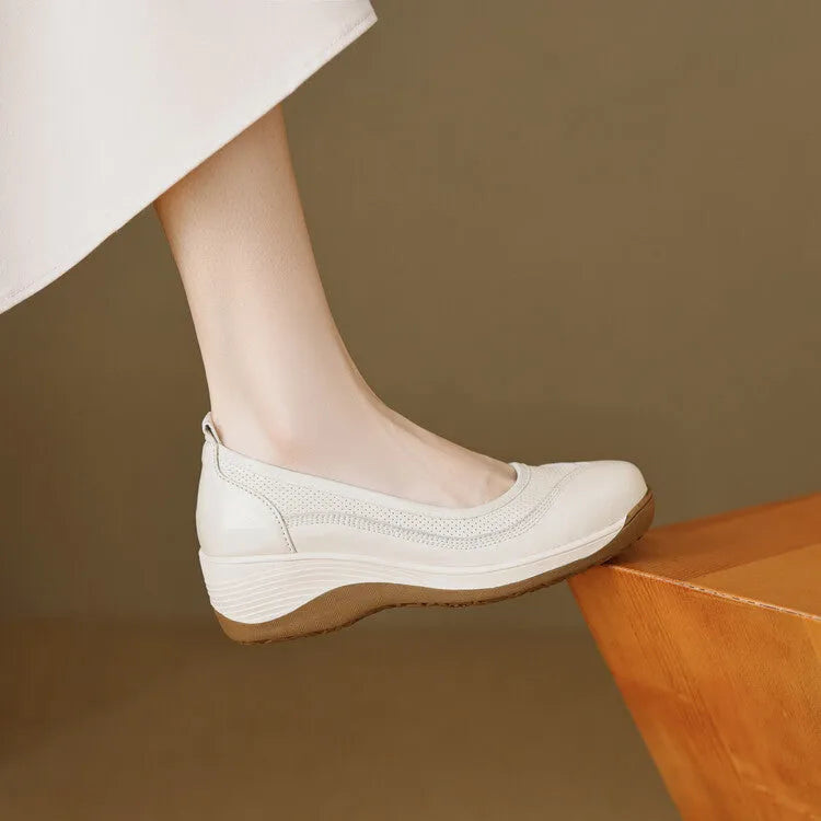 Women's high heel leather slip-on pumps thick platform round head solid colour cowhide beige