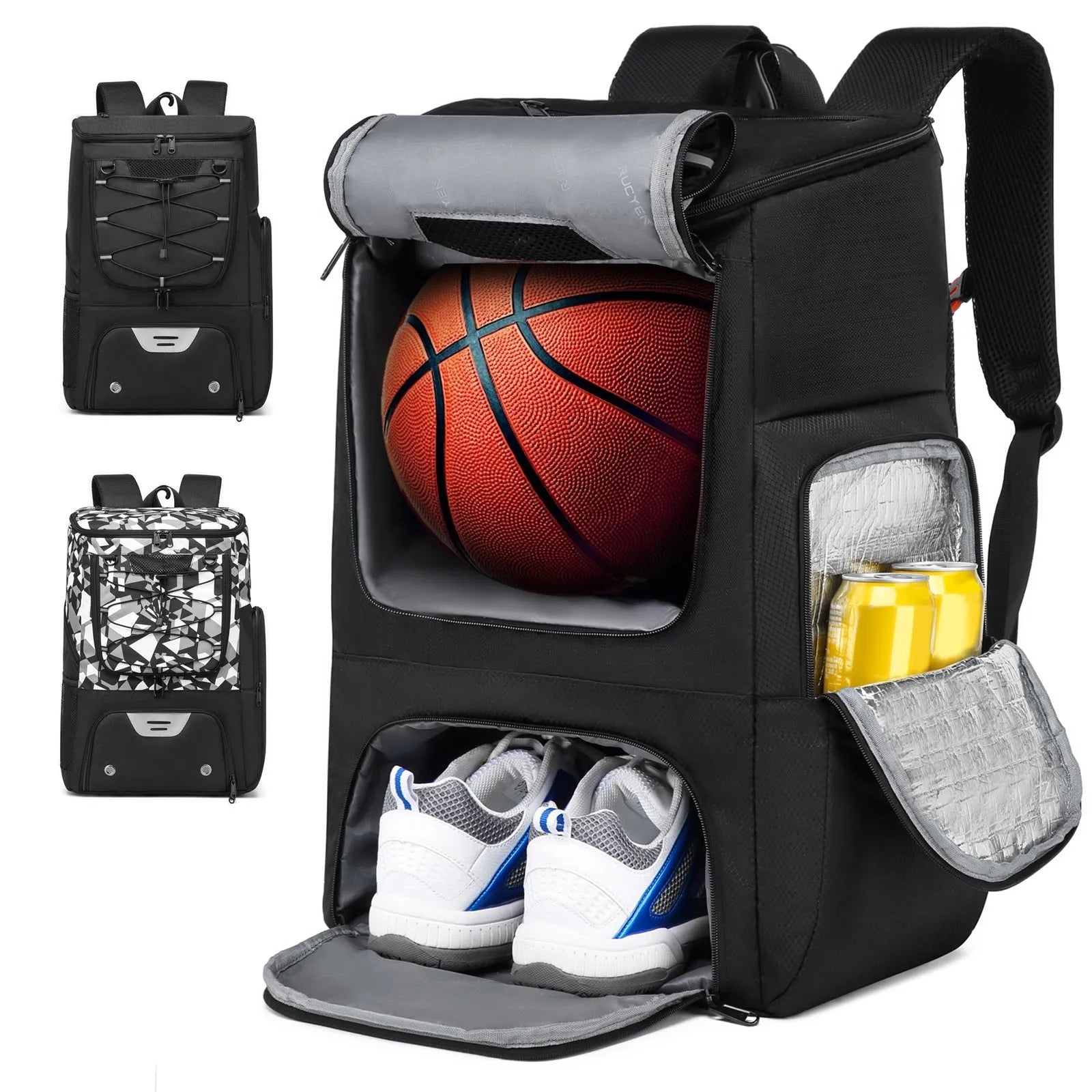 Black basketball training backpack with large 51cm capacity for sports equipment