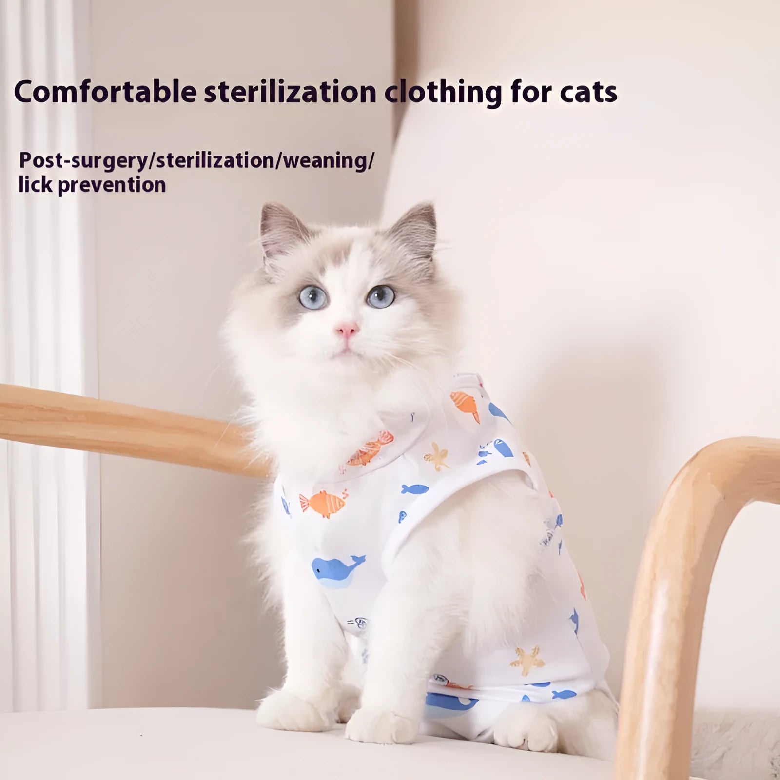 Adjustable velcro cat sterilisation recovery suit in a printed colour design, sizes S M L XL.