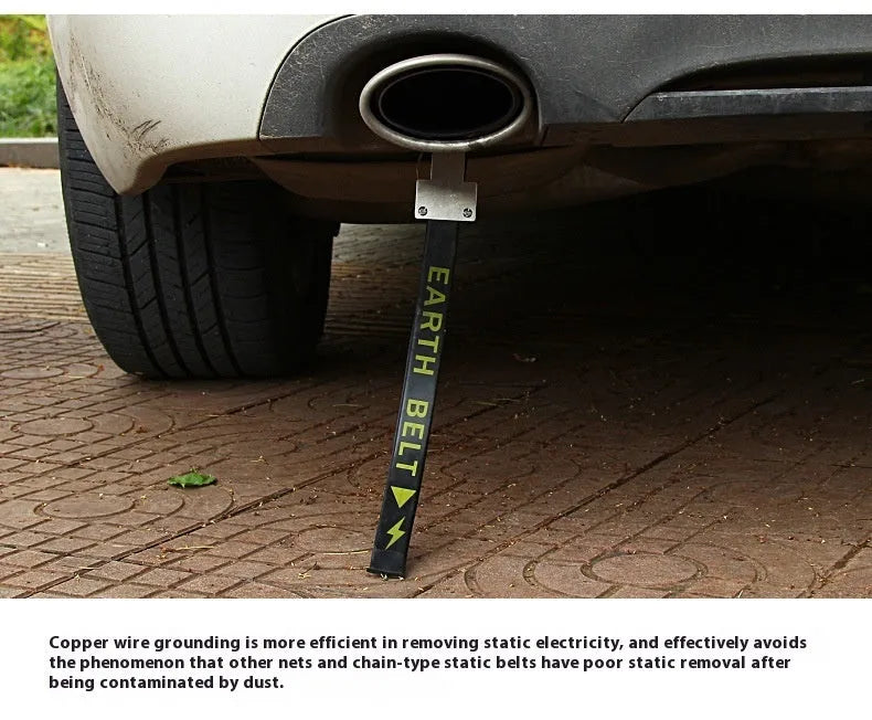Black car electrostatic grounding belt with metal chain end, measuring 370mm long, for discharging static electricity.