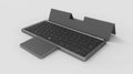 Black and grey wireless Bluetooth keyboard with touch pad inside a leather sheath stand