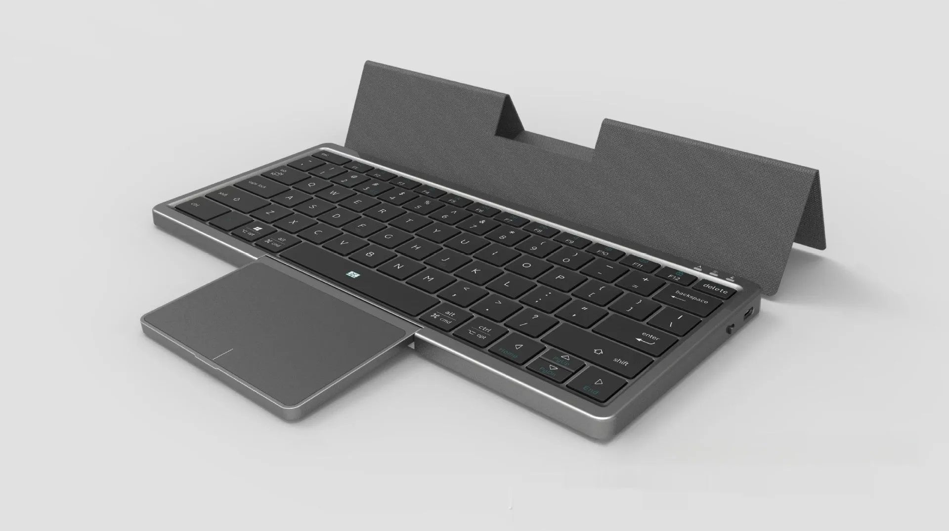 Black and grey wireless Bluetooth keyboard with touch pad inside a leather sheath stand
