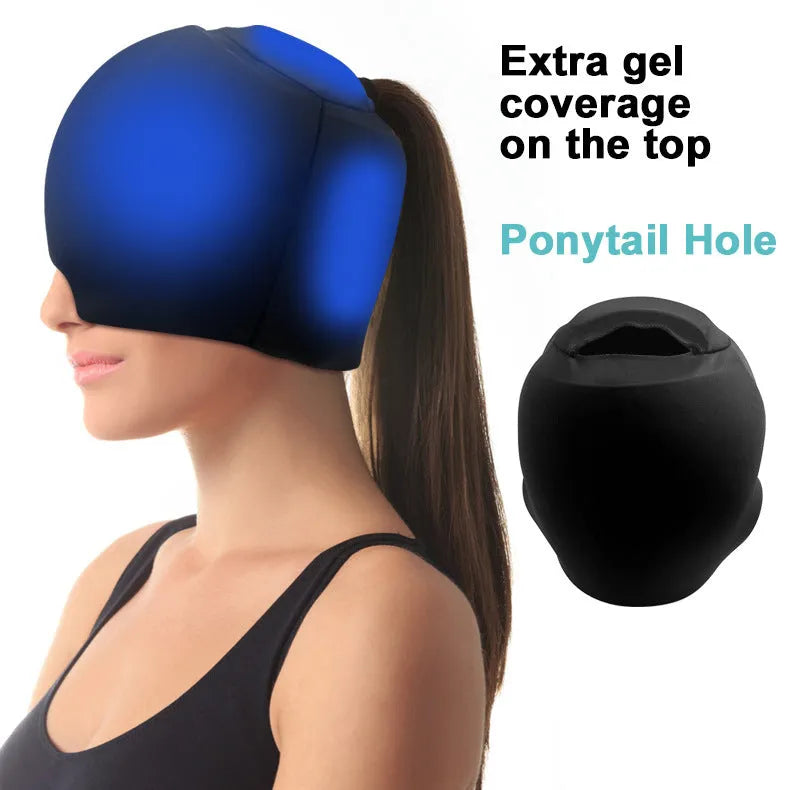 Solid colour cold compress cap for headache relief in black, dark blue, or pink.
