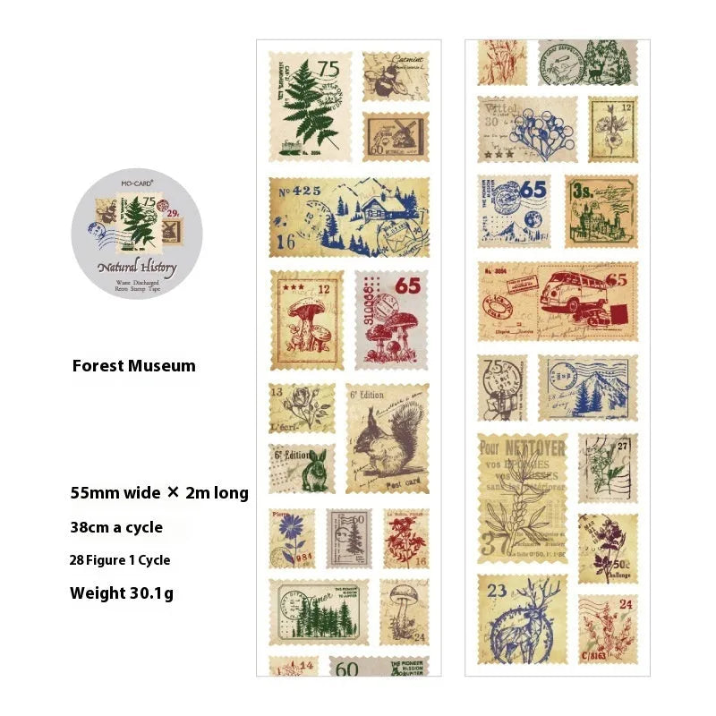 Roll of retro-themed decorative paper stickers for DIY journals, showing butterfly, forest, bird, and mushroom designs.