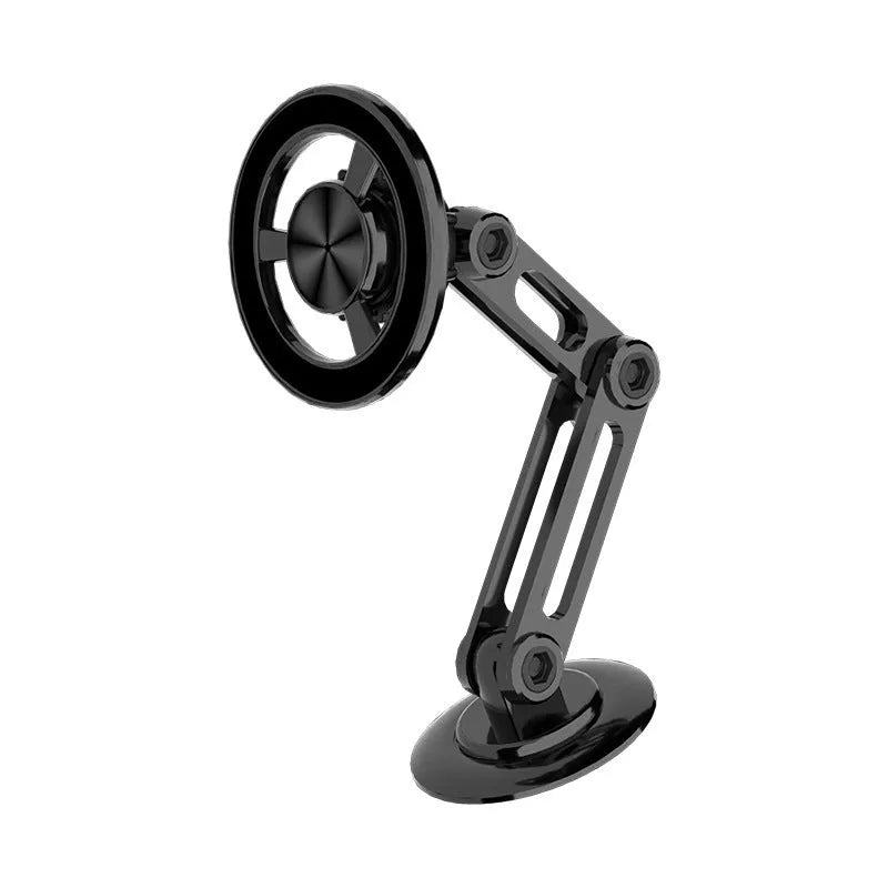All-metal magnetic car phone holder in black, silver, gold, and rose gold with magnetic rings and adhesive pads