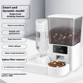 Stainless steel smart pet feeder with double bowl for food and water, showing control panel and 5L capacity.