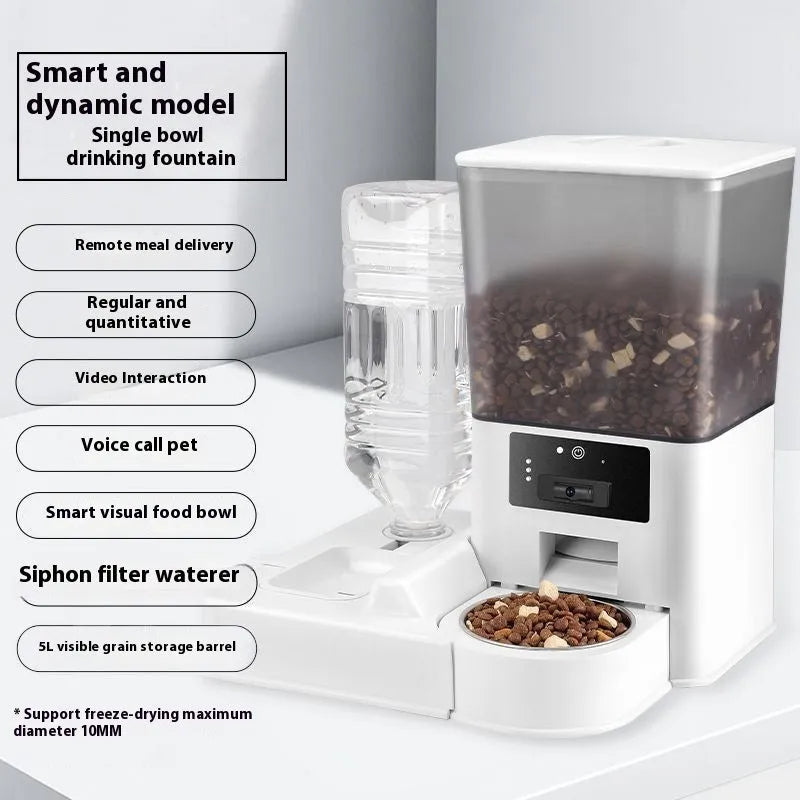 Stainless steel smart pet feeder with double bowl for food and water, showing control panel and 5L capacity.