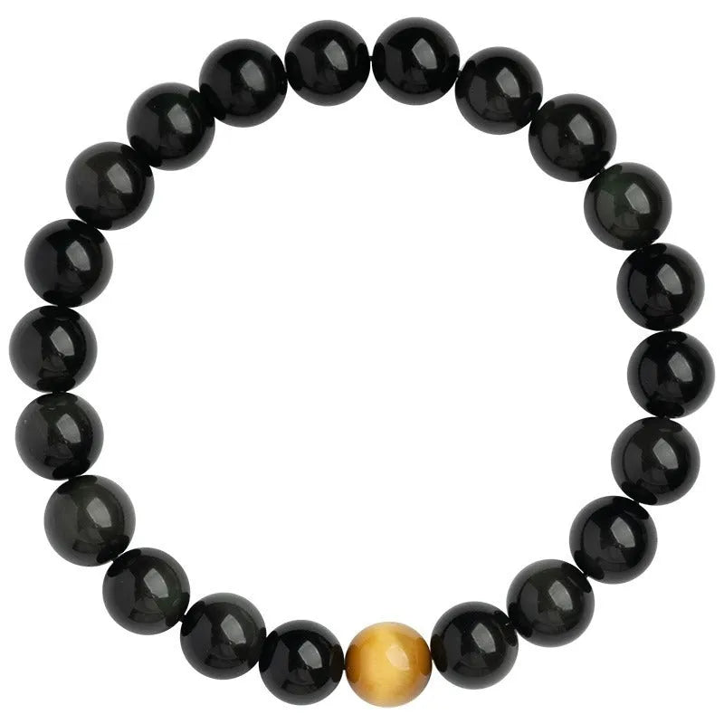Korean-style geometric obsidian bracelet with natural eye pattern stones