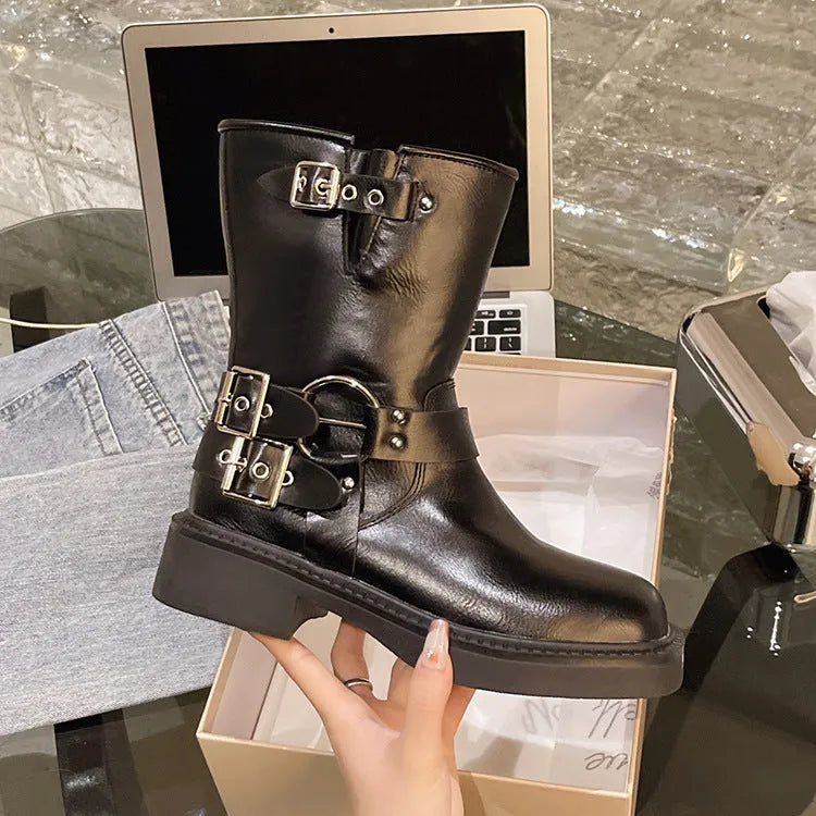 Simple thick-soled Martin boots for women in solid colour black, artificial PU upper, side view showing lace-up design and thick sole