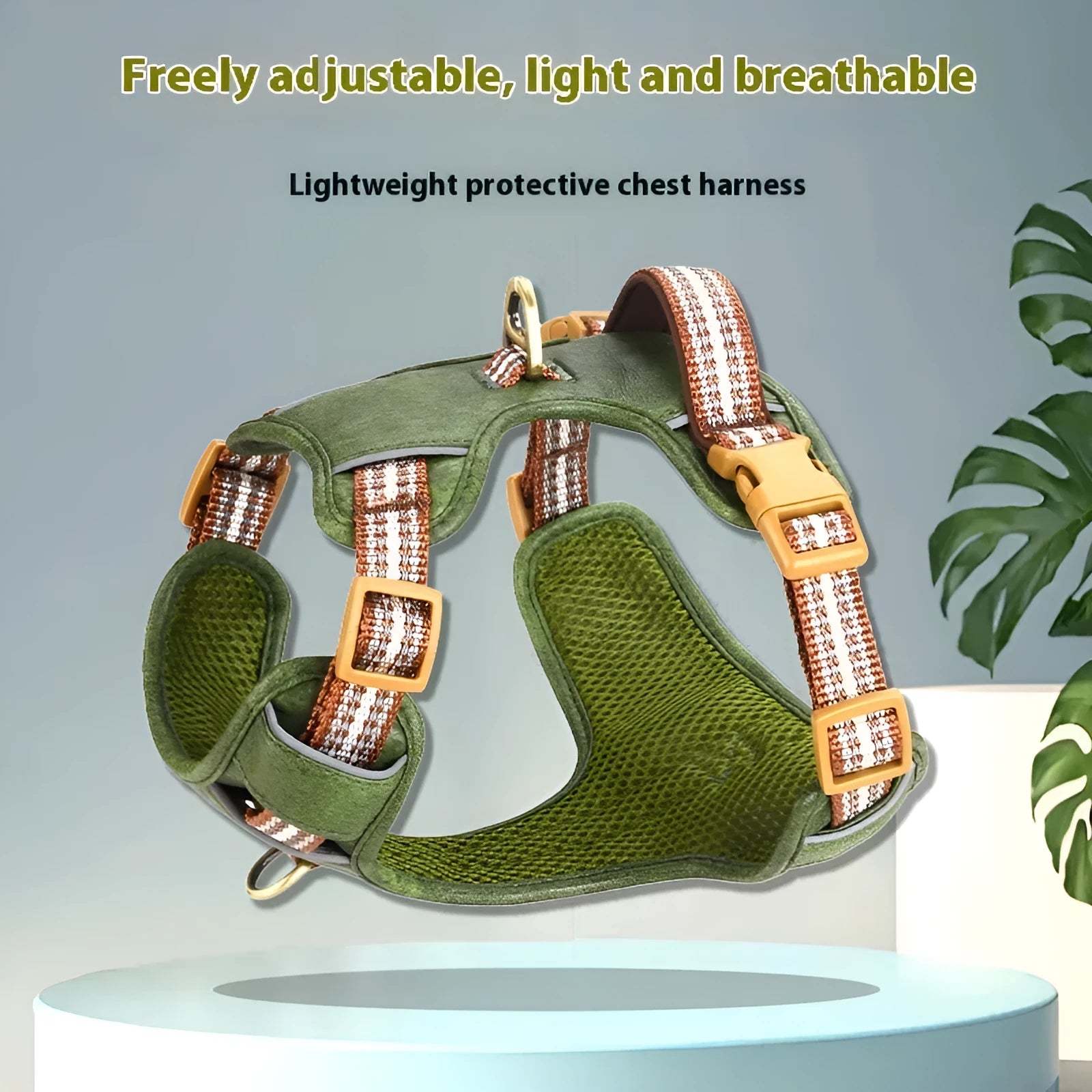 Brown leather dog harness with reflective strips and metal buckle closure