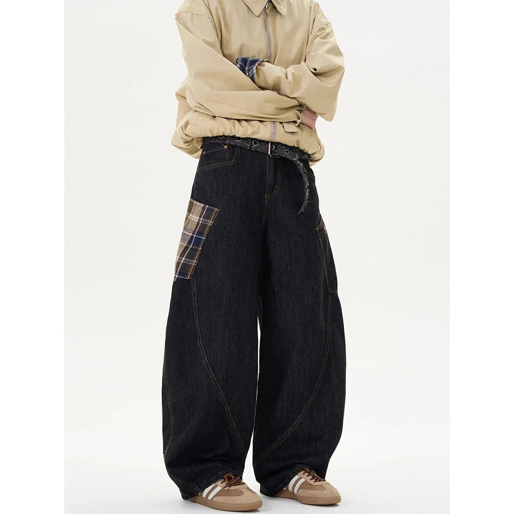 Loose fit straight-leg cotton trousers in a red plaid pattern, shown on a mid-waist.