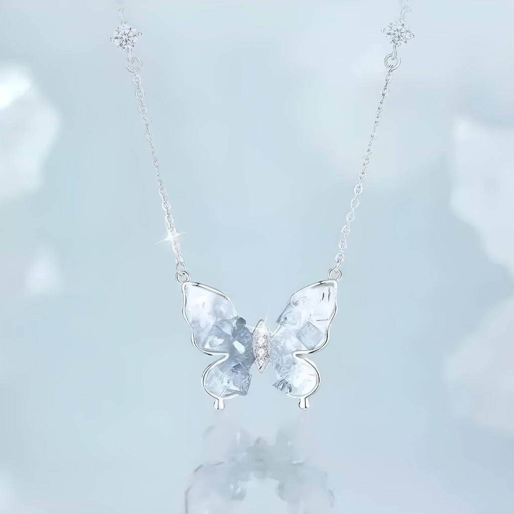 Silver Bingyu butterfly necklace on display, showing adjustable O-ring chain and detailed ice rain pendant.