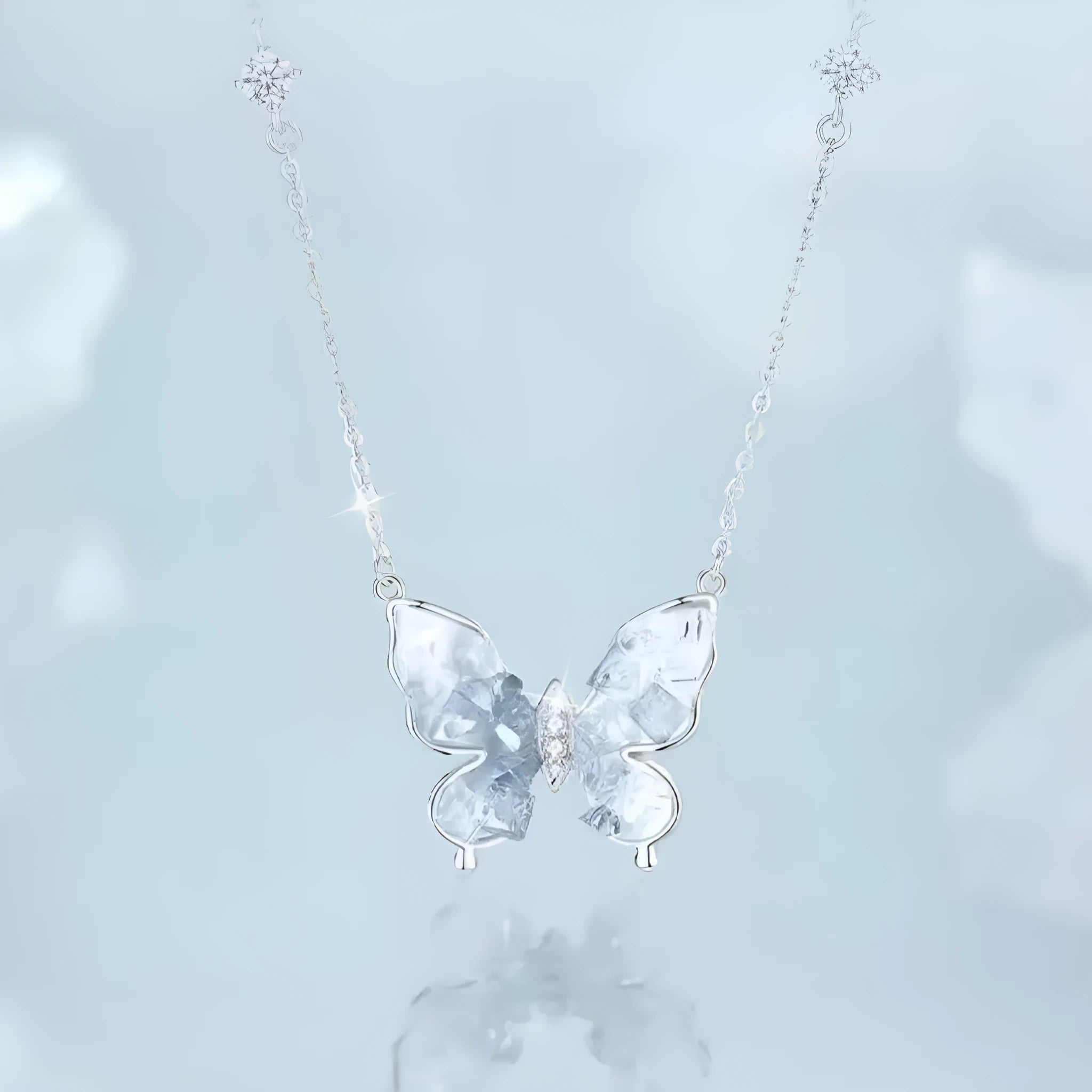 Silver Bingyu butterfly necklace on display, showing adjustable O-ring chain and detailed ice rain pendant.