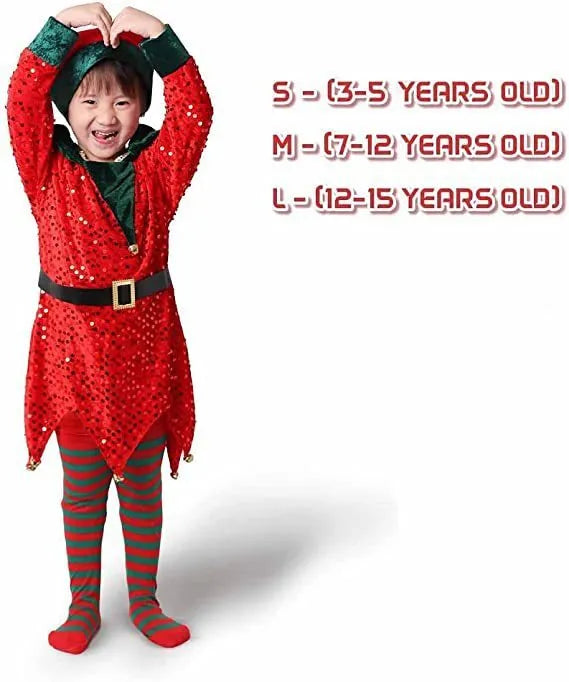Kids Christmas elf costume in green with sequin details, hat and socks on a child model.