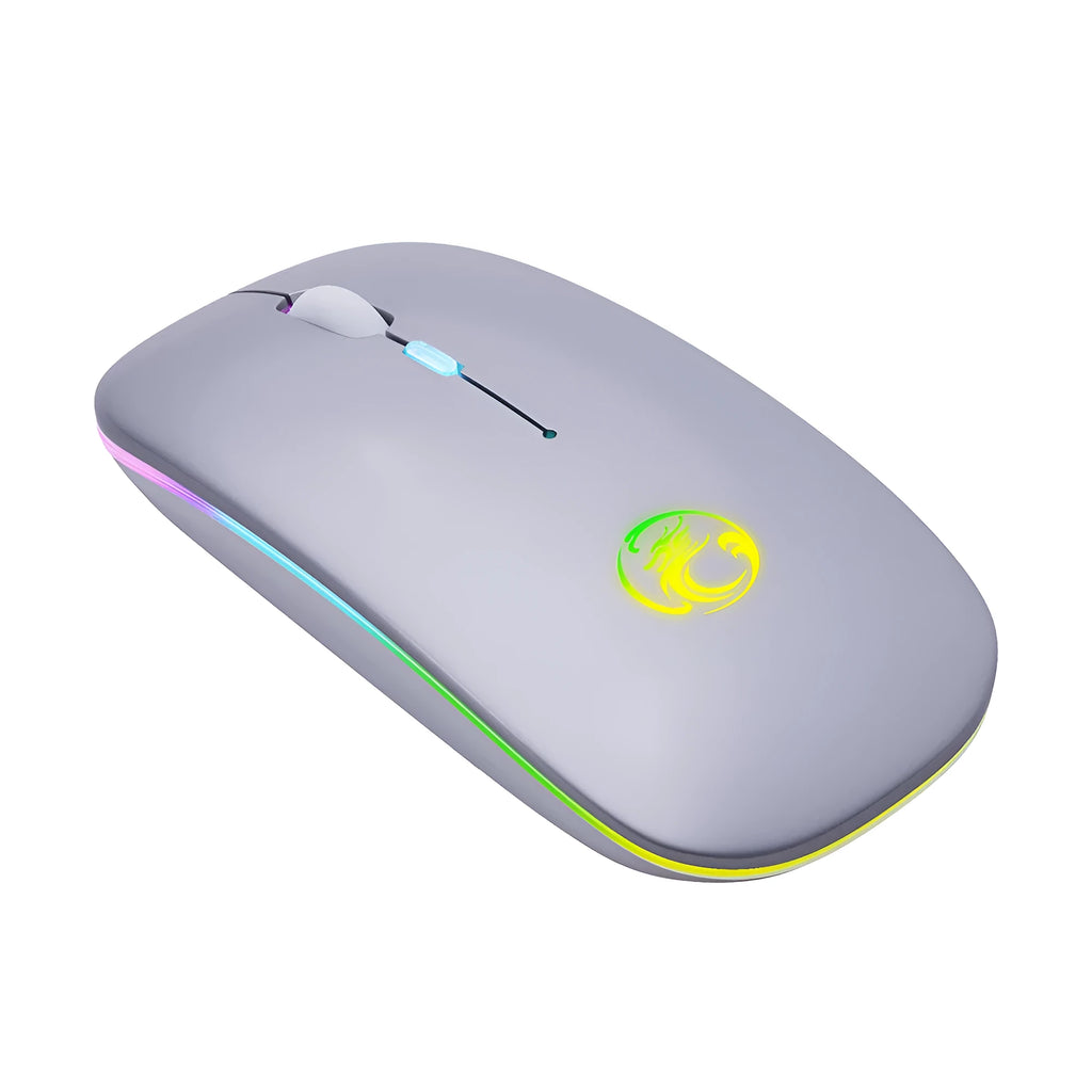 Black and white dual-mode silent wireless mouse with blue scroll wheel light, shown next to its USB charging cable.