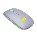 Black and white dual-mode silent wireless mouse with blue scroll wheel light, shown next to its USB charging cable.